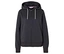 Sweat à capuche zippé bleu foncé avec cordons blancs.