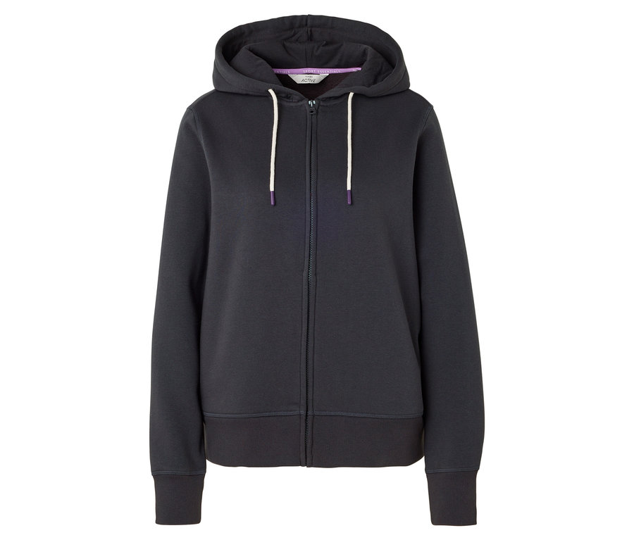 Sweat à capuche zippé bleu foncé avec cordons blancs.