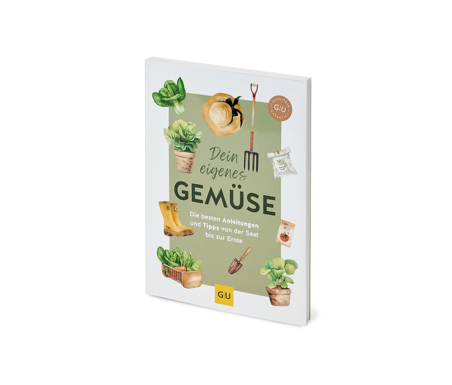 Livre « Dein eigenes Gemüse » avec des illustrations de légumes, d'outils de jardinage et de bottes en caoutchouc.