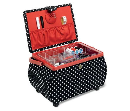 Panier de couture ouvert Prym »Polka Dots«, noir/blanc, avec accessoires de couture.