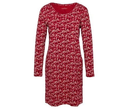 Robe rouge à manches longues avec motif floral.