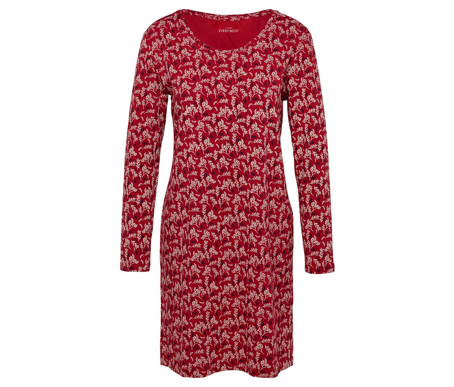 Robe rouge à manches longues avec motif floral.