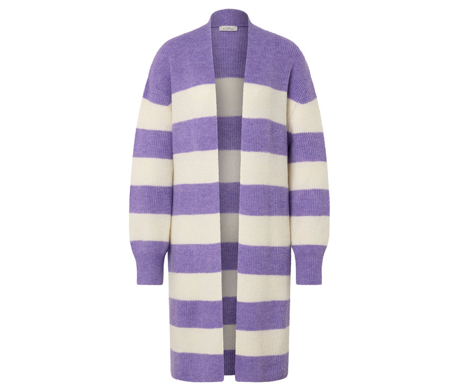 Un cardigan long ouvert à rayures violettes et blanches.