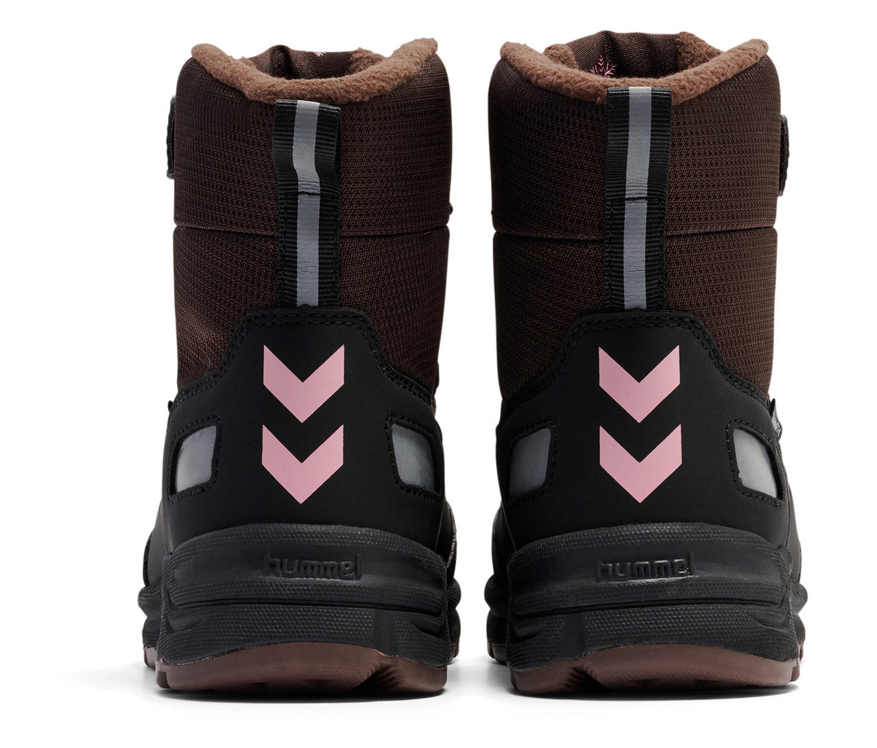 Deux bottes de neige Tex HUMMEL, roses, montrées de dos.