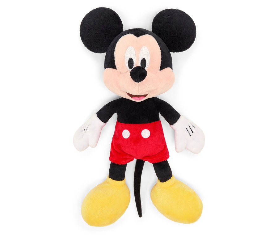 Une peluche de Mickey Mouse se tient sur un fond blanc.