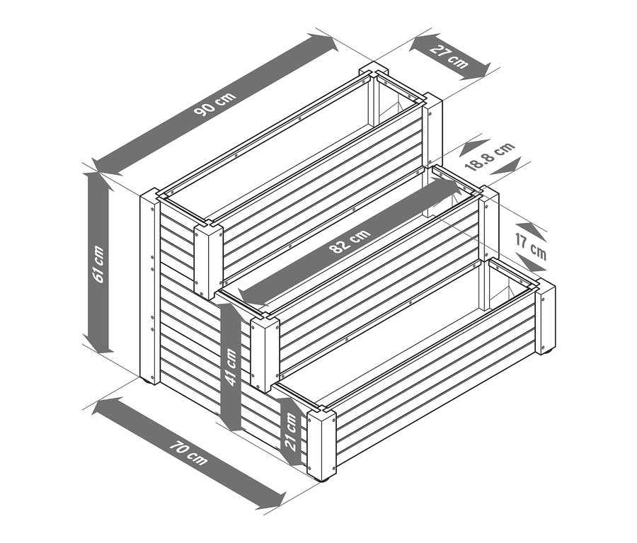 Schéma d'une jardinière en escalier à 3 niveaux « Tinus » avec dimensions.