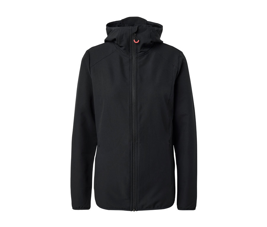 Veste softshell noire à fermeture éclair avec capuche.