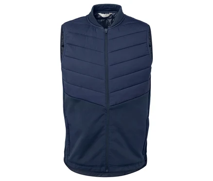 Un gilet sans manches thermique bleu marine est présenté sur un fond blanc.
