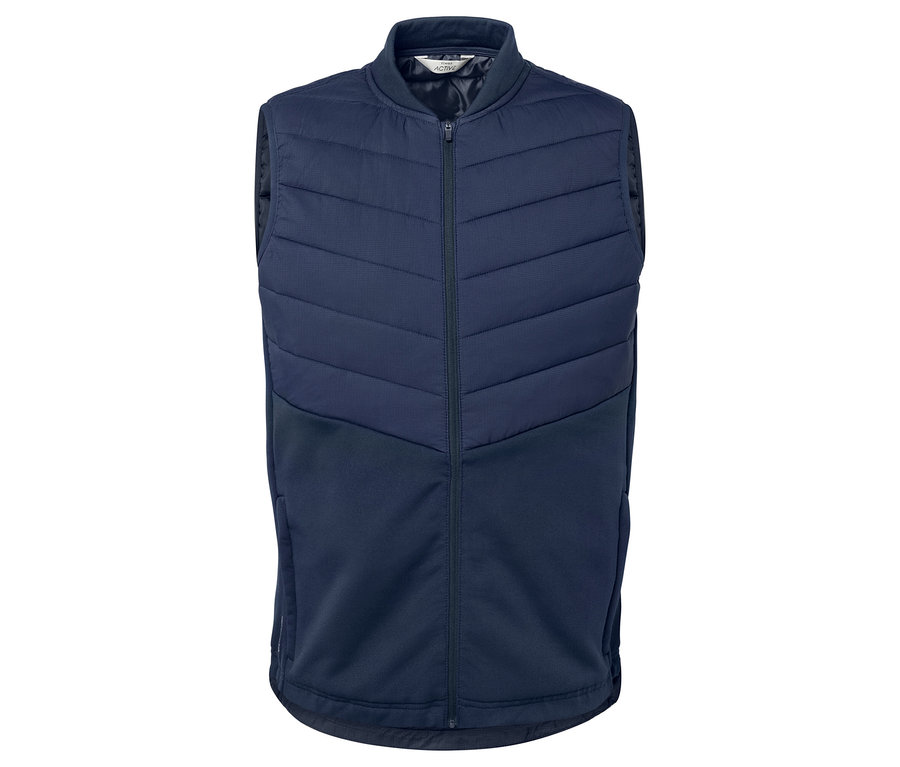 Un gilet sans manches thermique bleu marine est présenté sur un fond blanc.