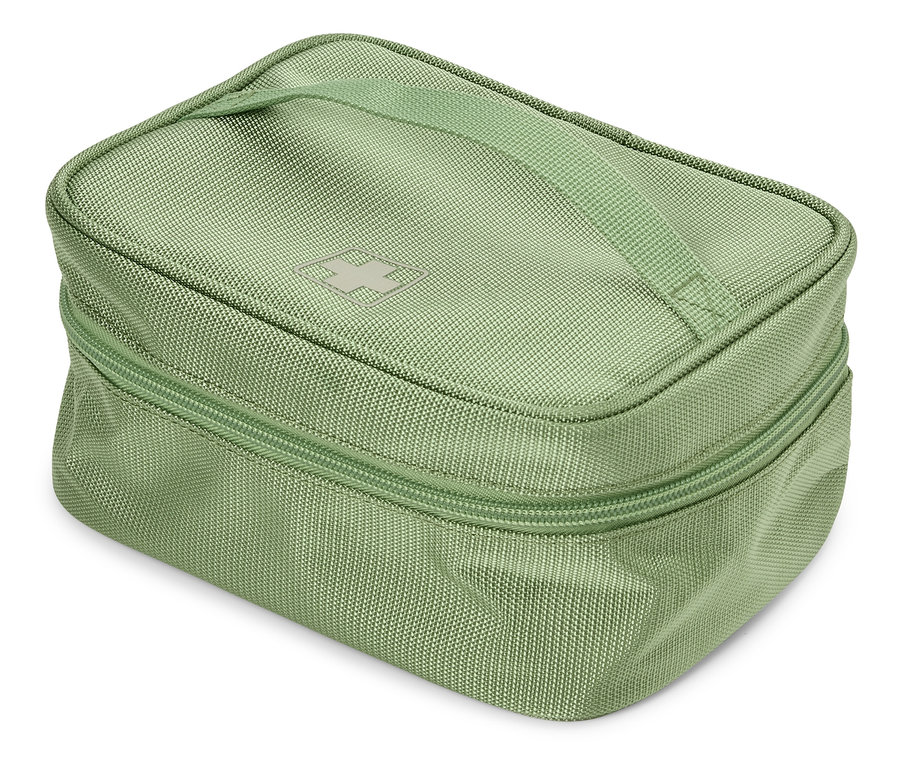 Trousse de toilette fermée en tissu vert clair avec fermeture éclair et poignée sur le dessus.