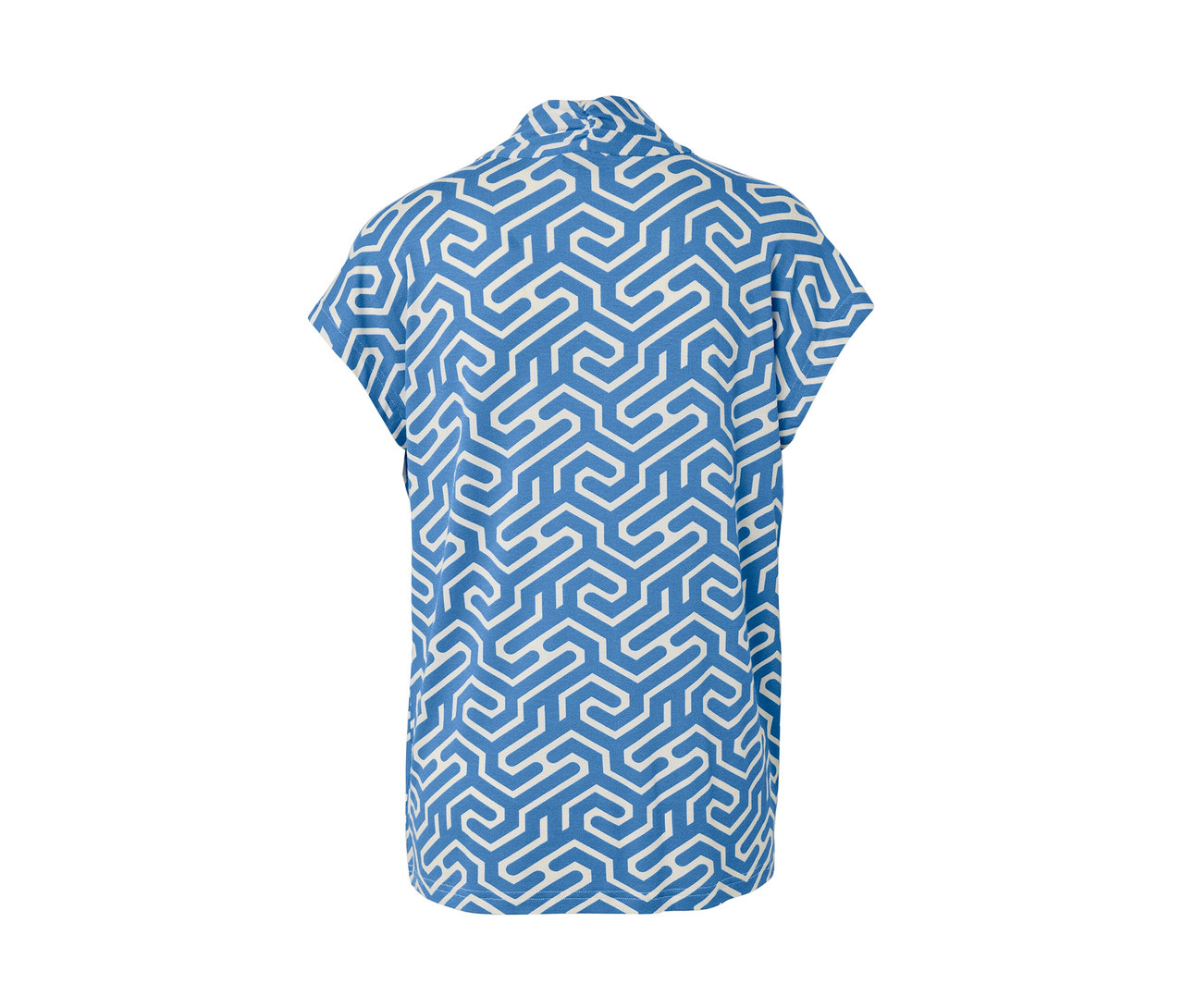 Vue arrière de la blouse bleue à encolure en V avec un motif géométrique blanc.
