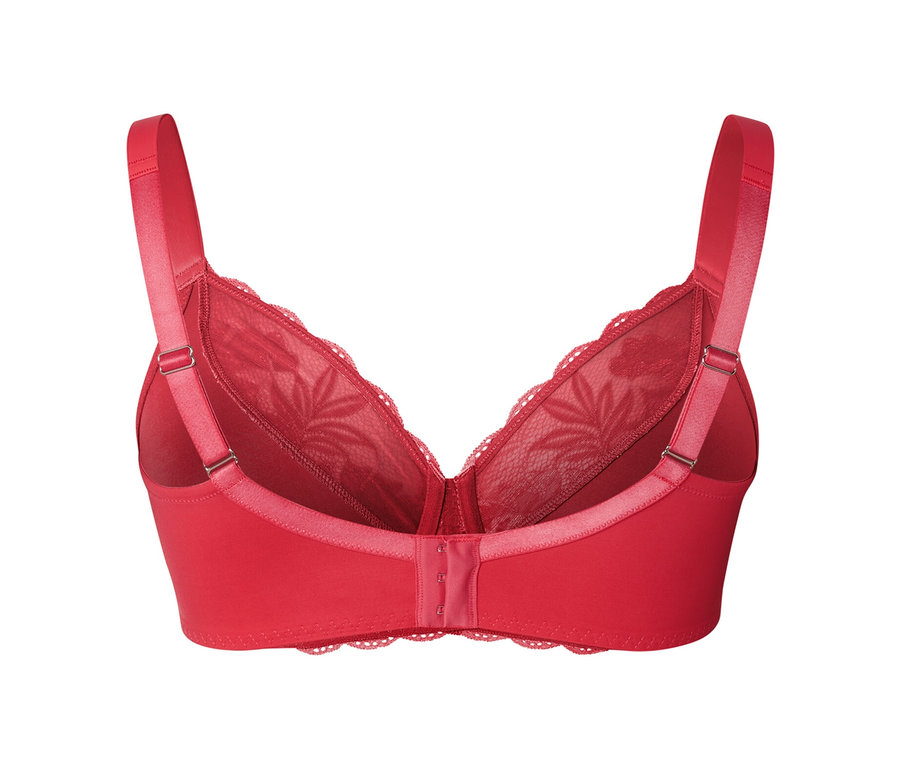 Vue arrière d'un soutien-gorge minimiseur rouge avec de la dentelle.