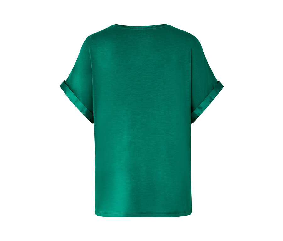 Vue arrière de la blouse bimatière turquoise.
