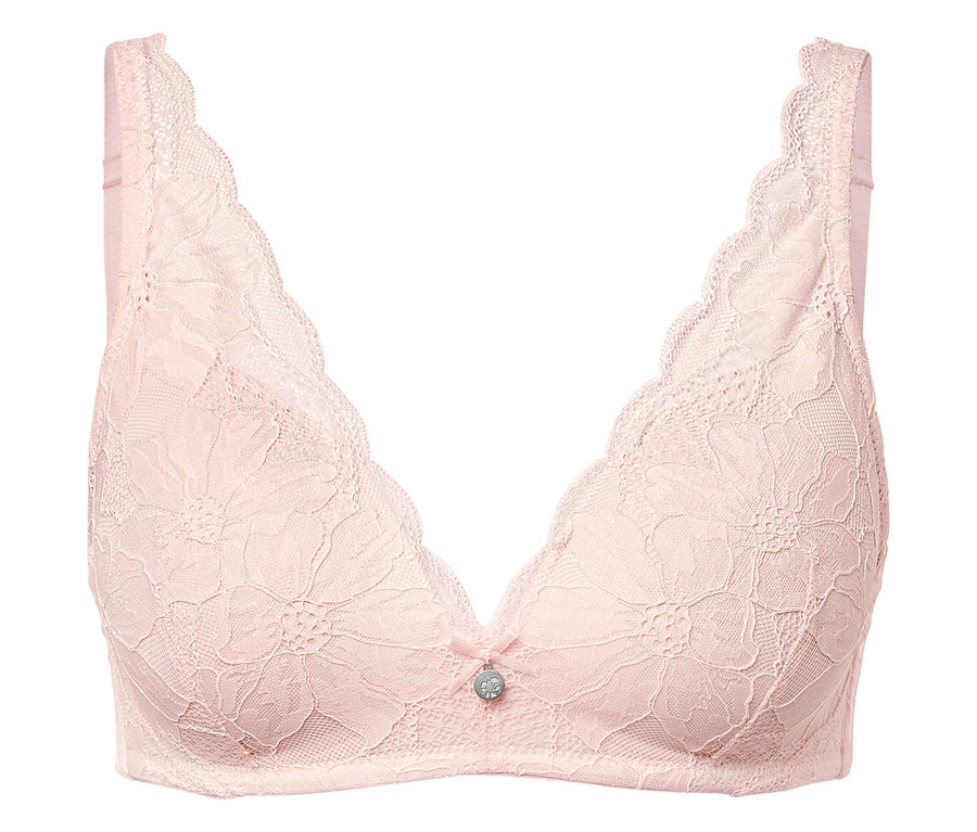 Soutien-gorge rose en dentelle avec armatures et une pierre décorative au centre.