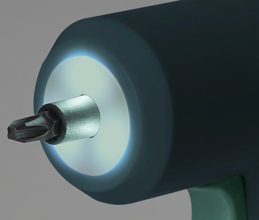 Gros plan d'une mini-visseuse sans fil 3,6 V avec embout éclairé.