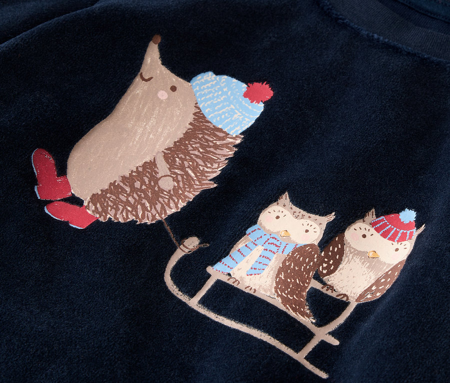 Détail d'un sweat-shirt bleu marine avec un motif de hérisson tirant un traîneau avec deux hiboux.
