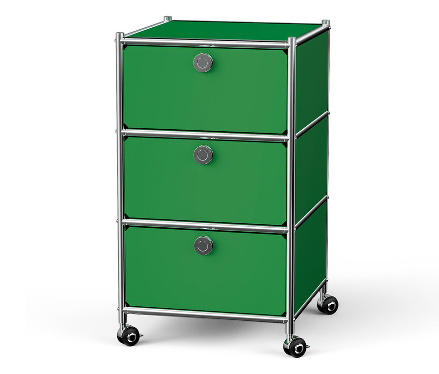 Caisson à tiroirs vert avec trois tiroirs et un cadre argenté sur roulettes.