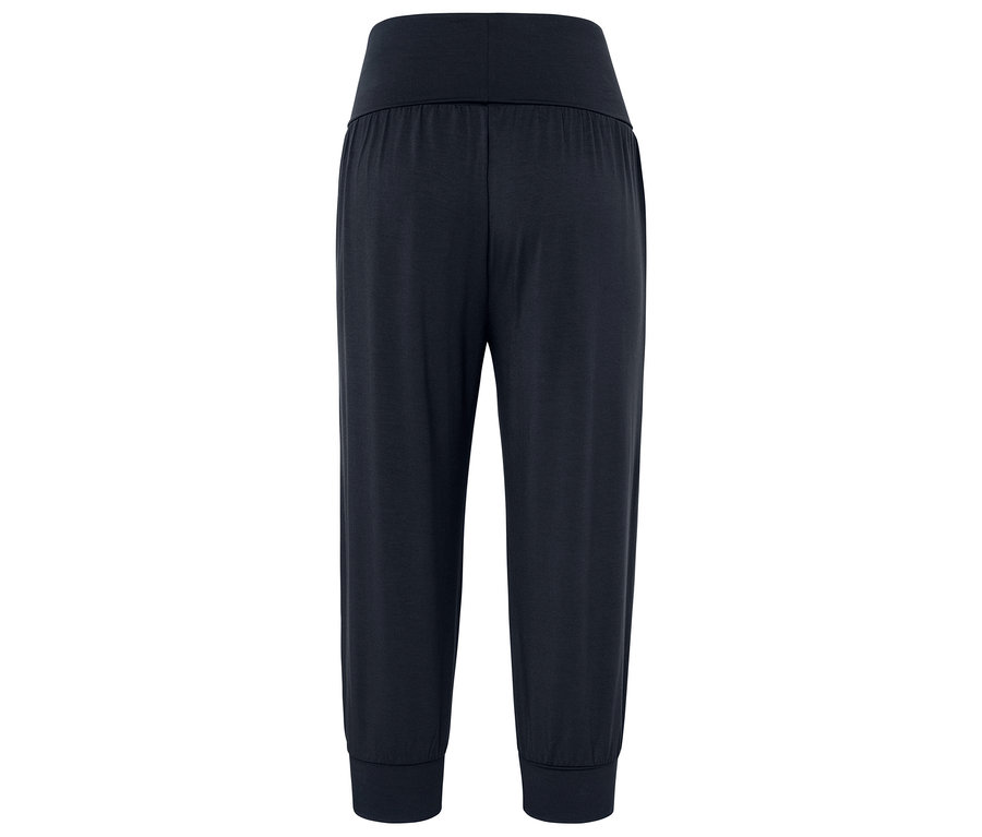 Un pantalon de harem bleu marine avec une taille haute.
