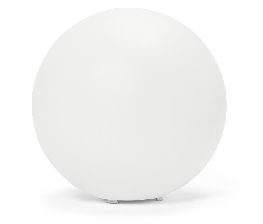 Une lampe sphérique blanche sur un fond blanc.