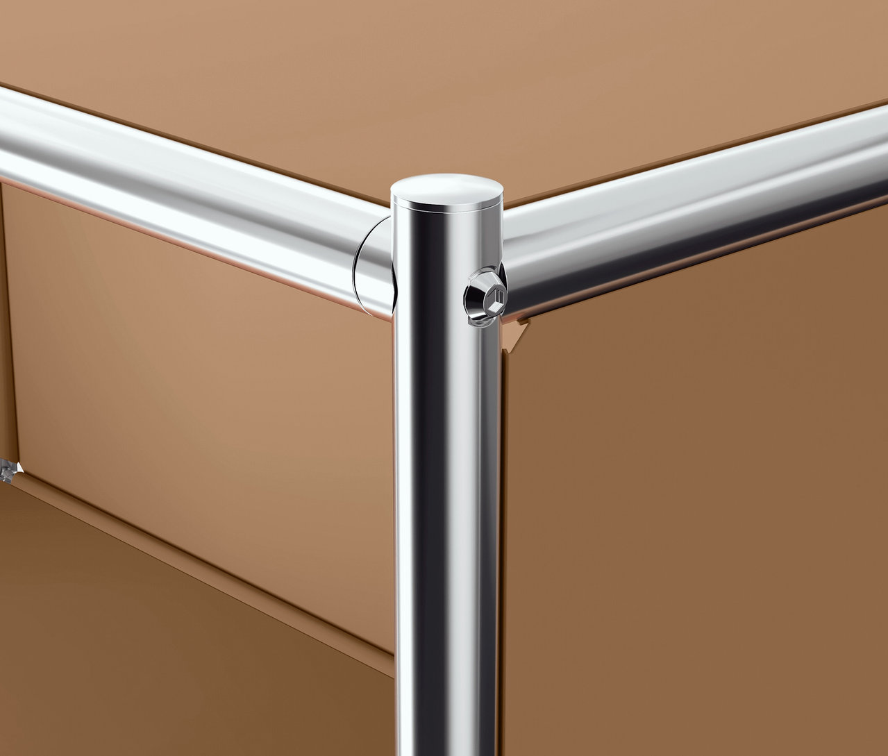 Détail d'un coin d'un meuble marron avec une construction tubulaire chromée.