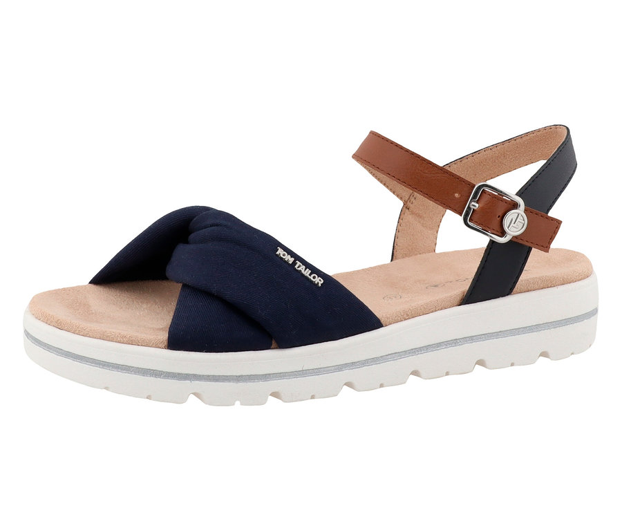 Une sandale Tom Tailor avec une bande en tissu bleu et une bride de cheville marron sur un fond blanc.