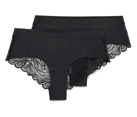 Deux culottes noires avec bordure en dentelle sont posées l'une sur l'autre.