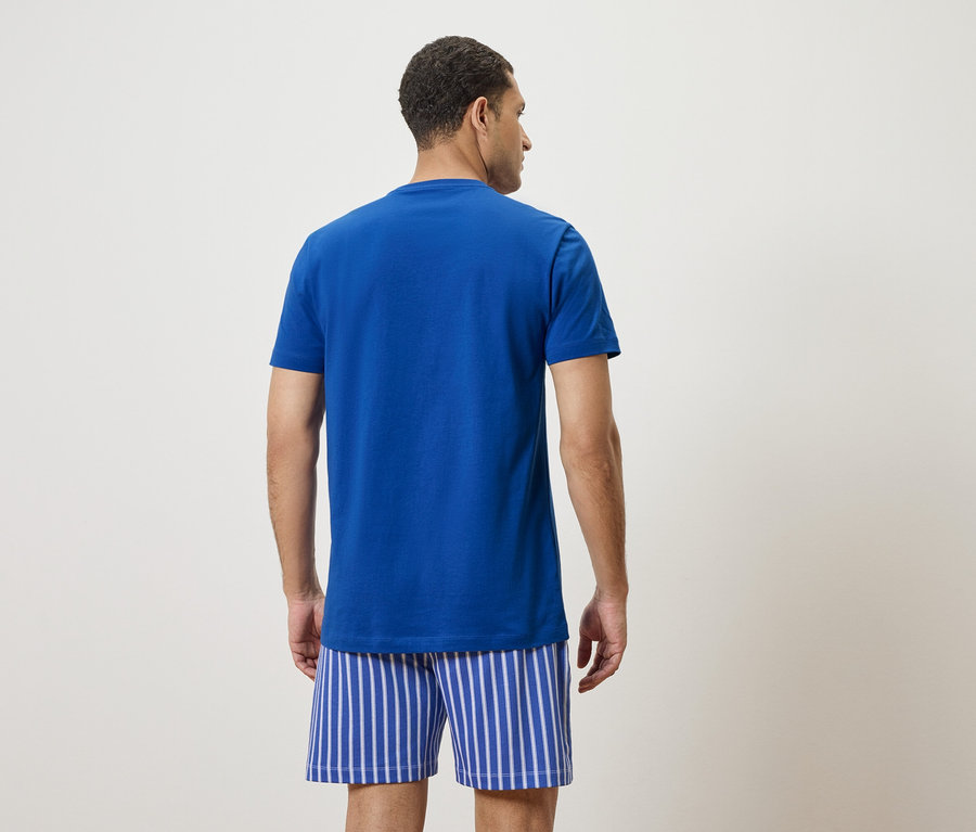 Homme de dos, portant un t-shirt bleu et un short rayé.