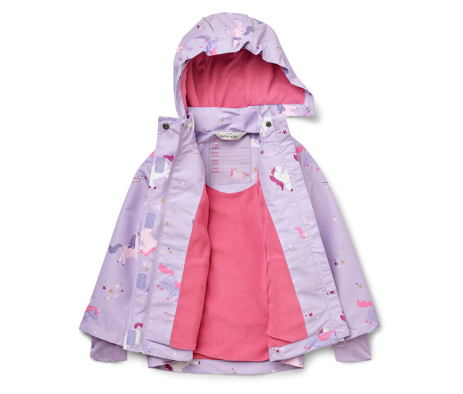 Veste ouverte pour enfant, violette, à motif de licorne, avec doublure rose.