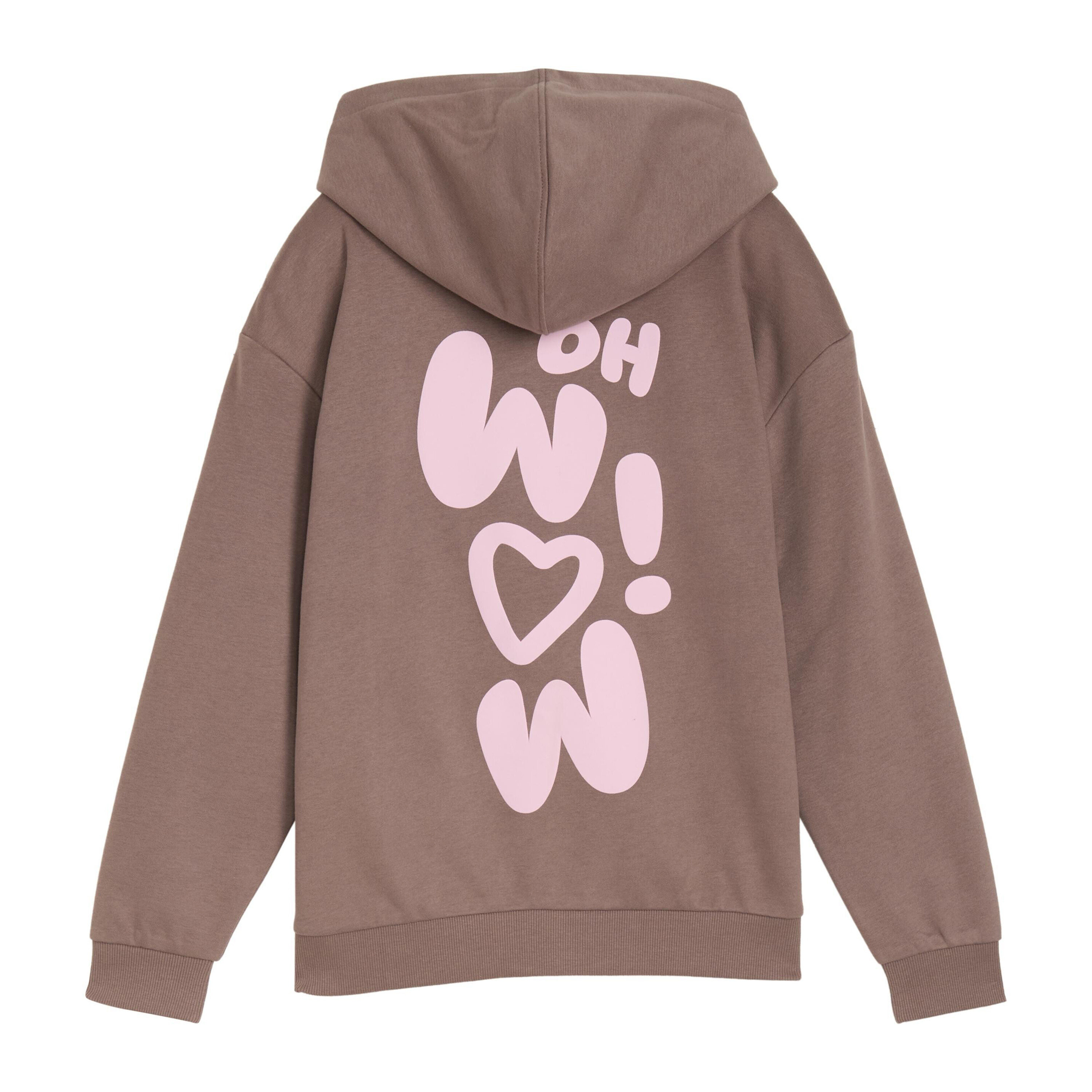 Vue arrière d'un sweat à capuche marron avec l'imprimé rose 'OH WOW !'