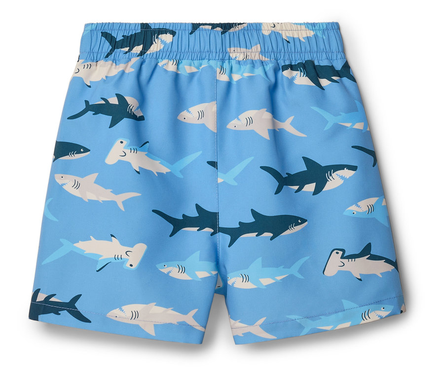 Maillot de bain avec motif de requin sur fond bleu.