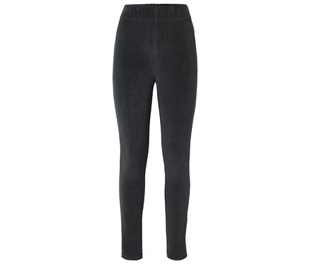 Un pantalon en velours côtelé noir avec une taille élastique posé sur un fond blanc.