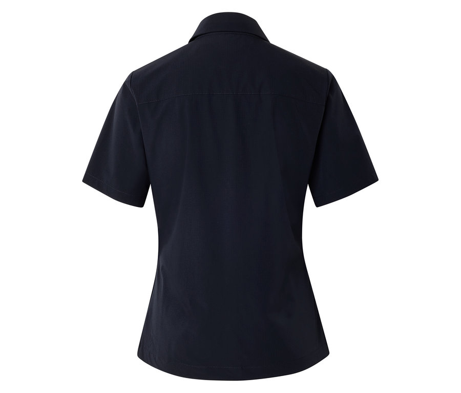 Vue arrière d'une chemise bleu foncé à manches courtes avec col.