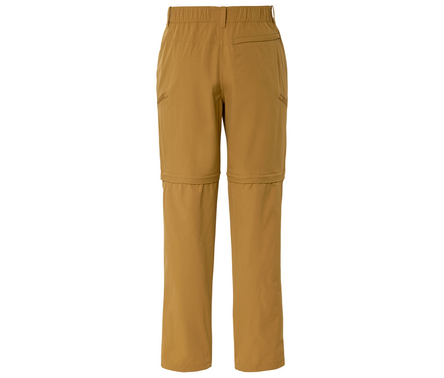 Vue de dessus d'un pantalon de randonnée ocre plié avec des jambes amovibles.