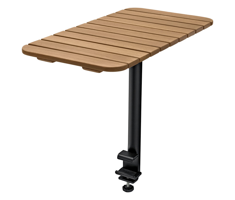 Une table en bois avec un motif à lattes et un support en métal noir qui peut être fixé à une surface.
