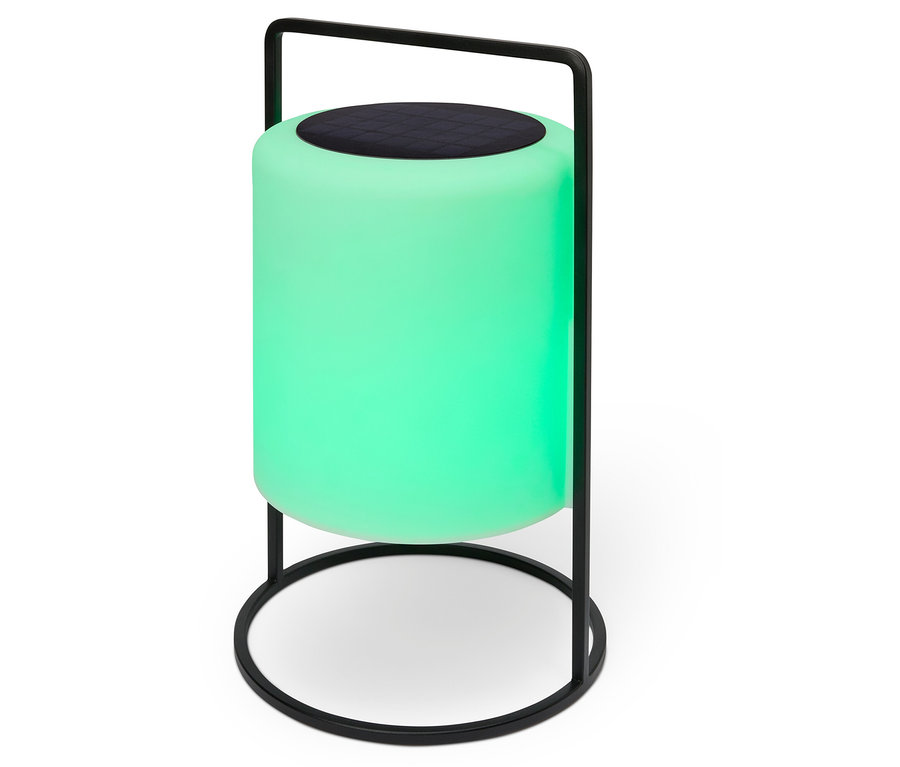 Lampe verte avec haut-parleur noir sur le dessus et cadre en métal noir.