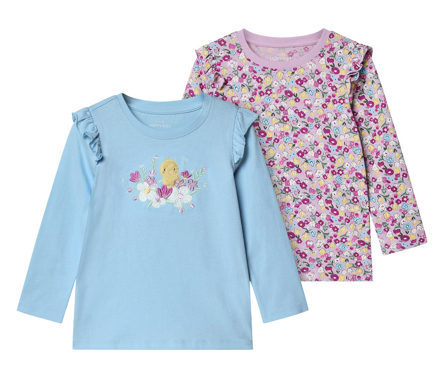 Deux t-shirts à manches longues pour enfants, un bleu clair avec un poussin et des fleurs, un violet avec des motifs floraux.