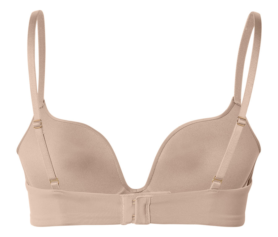 Vue arrière d'un soutien-gorge beige avec bretelles réglables et fermeture à agrafes.