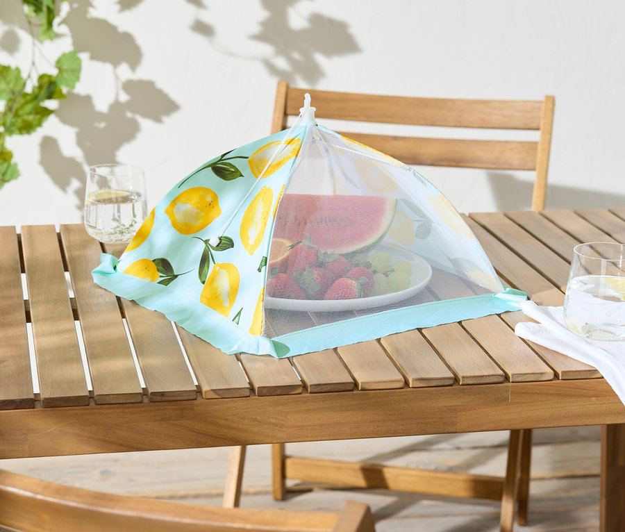 Sur une table en bois, un plat de fruits est placé sous un couvercle en filet turquoise à motif de citron.
