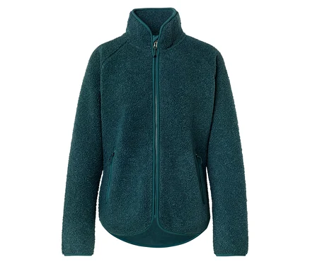 Veste en polaire verte avec fermeture éclair et col montant sur fond blanc.