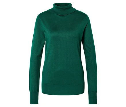 Pull vert à col roulé et manches longues, posé sur un fond blanc.