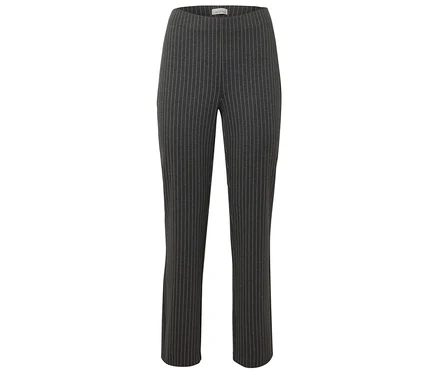 Pantalon gris taille haute à fines rayures verticales.