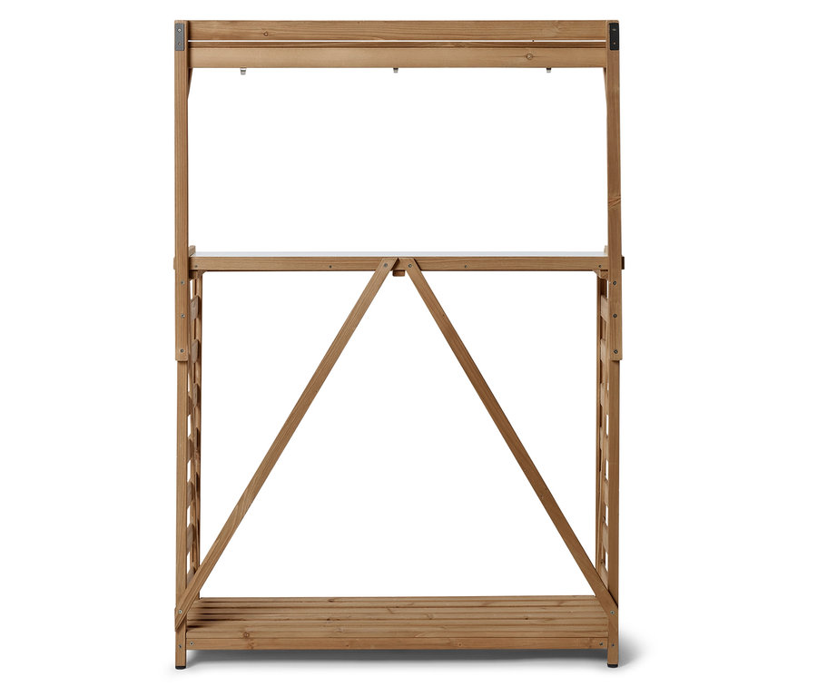 Étagère en bois avec deux tablettes et un dessus ouvert.