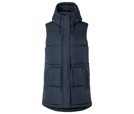 Une longue doudoune sans manches bleu foncé à capuche avec des cordons de serrage à la taille et des poches, sur fond blanc.