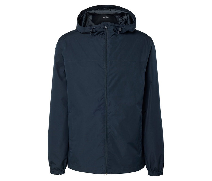 Une veste bleu marine à capuche est visible sur un fond blanc.