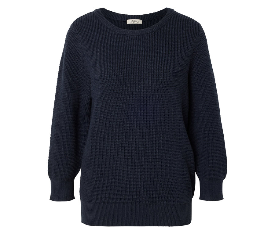 Pull en tricot bleu marine à manches longues et col rond.