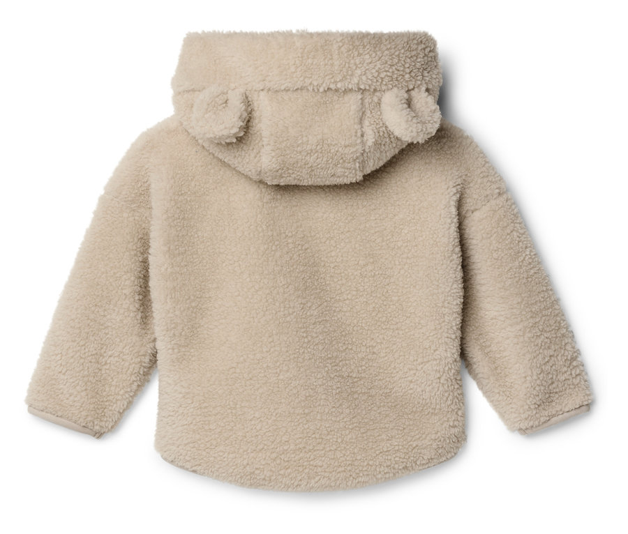 Vue arrière d'une veste teddy marron clair avec capuche et oreilles.