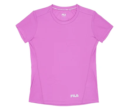 T-shirt technique pour femme FILA violet à manches courtes avec logos sur la poitrine et l'ourlet inférieur.