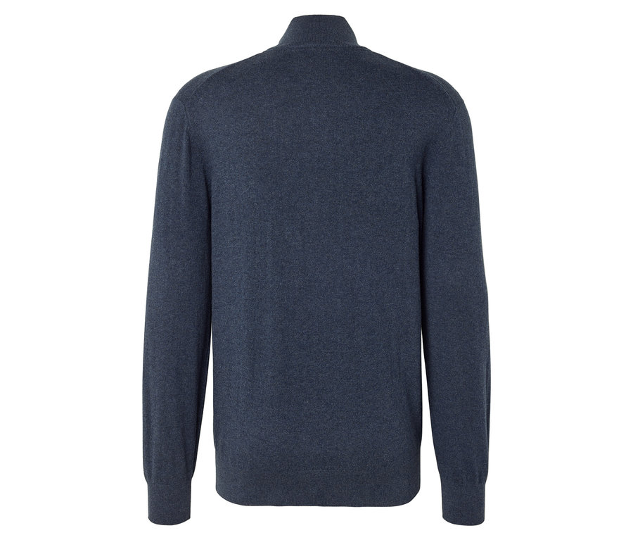 Vue arrière d'un pull en tricot bleu marine avec fermeture éclair.