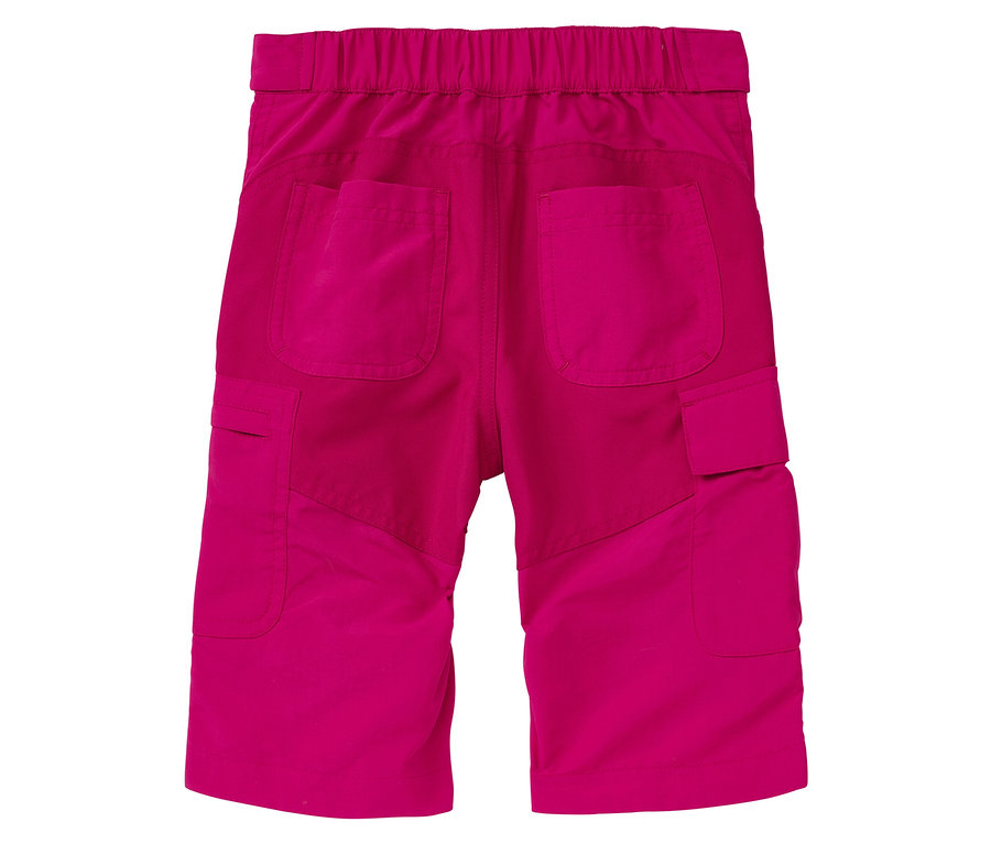 Gros plan de l'arrière d'un pantalon 3/4 outdoor JAKO-O couleur raisin avec des poches.