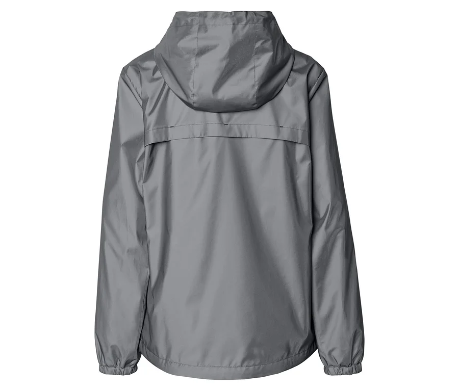 Vue arrière d'un imperméable gris avec capuche et poignets élastiques.